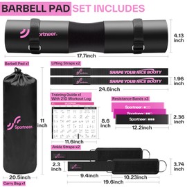 Sportneer Barbell Pad Set: 10pc Squat Pad for Hip Thrusts, Lunges, Leg Day, Standard Olympic Bars with 2 Ankle Straps, 2 Lifting Straps, 3 Resistance Bands, Workout Poster and Carry Bag