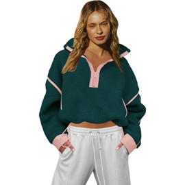 LAMISSCHE Womens Fuzzy Fleece Jacket Long Sleeve Half Zip Sweatshirt with Pockets Casual Sherpa Pullover(Dark Green,M)