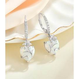 YL Heart Earrings 925 Sterling Silver cut White Opal Drop Earrings Lily Flower Jewellery Gifts for Women Mum Wife