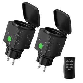 HBN Wireless Sockets with Remote Control Outdoor, IP44 Waterproof Wireless Switch Set - 2 Sockets with Remote Control for Outdoor, Garden, Patio, Balcony, Fairy Lights, 3680 W, Black