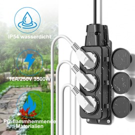 Socket Distributor, 3-Way, Pack of 2 Outdoor Sockets, Waterproof IP54, Protective Contact Sockets with Hinged Lids, Multiple Socket for Outdoors, 230 V/16 A Max. 3500 W, Outdoor Socket for Garden,