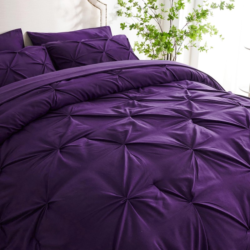 Ubauba 5pc Twin Size Comforter Set with Sheets, Purple Pintuck
