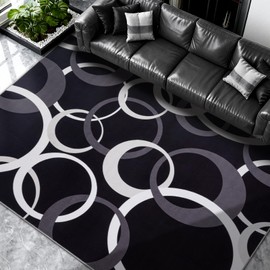 YIHOUSE Washable 5x7 Area Rugs for Living Room, Modern Black and White Rug for Bedroom Non Slip Low Pile, Modern Circle Pattern Carpet for Dining Room Playroom Home Office Decor