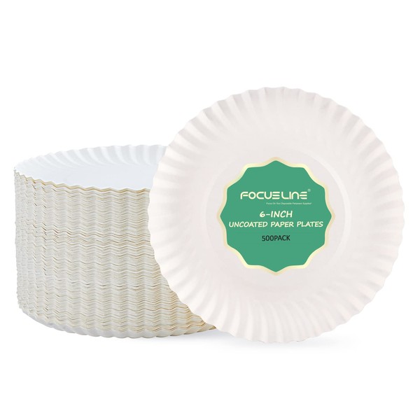 FOCUSLINE 6 Inch White Paper Plates 500 Count, Uncoated Paper Plates, Everyday Disposable Dessert Plates 6" Paper Plate Bulk, Pack of 500 Count