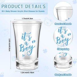 Pickmesh 50 Sets Baby Shower Favors Baby Boy Girl Theme Party Gift Include Short Glasses Acrylic Clear Shot Glasses Thank You Tag Organza Bag Twine Baby Shower Tea Party Favor for Gender Reveal (Boy)