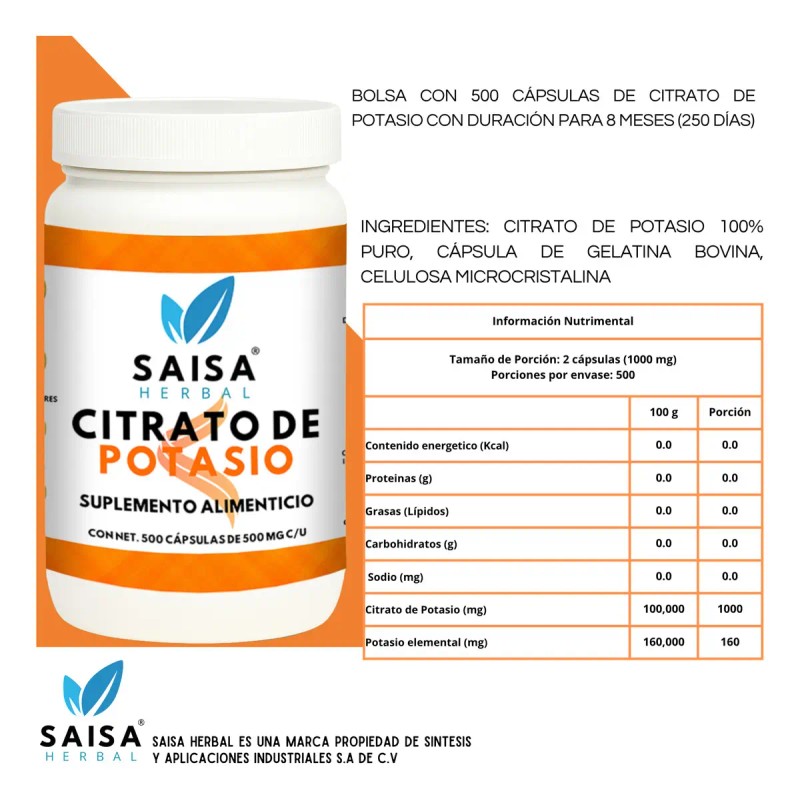 Citrato Magnesio Potasio 500 Cápsulas Suplemento Alimenticio Saisa Herbal Sabor