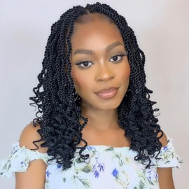 Mscat 12 Inch Senegalese Twist Crochet Hair with Wavy Curly Ends 8 Packs Short Pre Looped Black Twist Synthetic Crochet Braids for Women Girl Kids 1B#