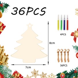 Pack of 36 Christmas Tree Decorations, Wooden Pendants, Crafts, Christmas Children with Jute Rope and Marker, DIY Christmas Decoration Wood for Painting, Christmas Tree Decoration, Craft Set,