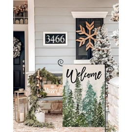 EKOREST Welcome Winter Garden Flags 12x18 Inch Vertical Double Sided, Christmas Watercolor Forest Small Yard Outside Decorations, Xmas Seasonal Farmhouse Holiday Outdoor Décor