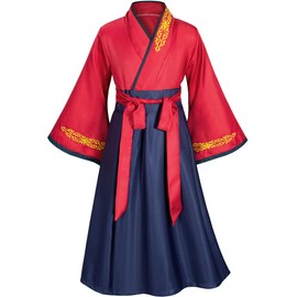 Asian Traditional Dress Kimono Robe for Kids Girls Costume Silk Folding Fans hairstick Cosplay（Red Navy 120cm