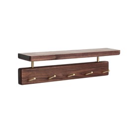 MATOOYA Shelf with Hooks, Solid Wood Bedroom Shelves for Wall, Wooden Coat Rack Wall Mount for Bathroom, Kitchen, Door Entryway (Walnut, 14.96inch/5 Hooks)