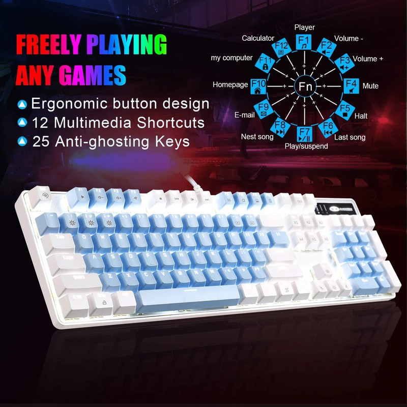 MageGee Mechanical Gaming Keyboard, 104 Keys White Backlit Mechanical Keyboards