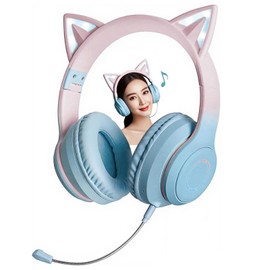 Headphones, Cat Ear Headphones, Wired and Wireless, Over-Ear Headphones, Bluetooth 5.1, Wireless, Microphone Included, Easy to Operate, Cute (Blue)