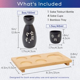 HIBINO Japanese Sake Set - 1 Tokkuri Bottle (5 Oz) & 4 Ochoko Cups (1.3 Oz) - 5pc Ceramic Sake Set with Serving Bamboo Tray - Traditional Japanese Gift Set -「Midnight Sakura」