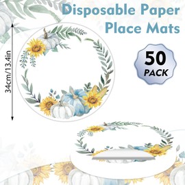 50PCS Fall Placemats Blue Pumpkin Leaves Paper Placemats Disposable 13.7 Inch Round Thanksgiving Place Mats Autumn Harvest Decorative Table Mats for Farmhouse Home Party Kitchen Dining Table Decor