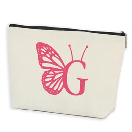AOZHUO Initial Makeup Bags for Women Lined Monogram Cosmetic Bag Birthday Gifts for Women Girls Bridesmaid Best Friends Sisters, Travel Toiletry Bag, Pink Butterfly Letter G
