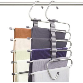 DKPlus Pants Hangers, Set of 2, Stainless Steel, Slack Hangers, 5 Tiers, For Slacks, Single Pants, Non-Tracing, Suitable for Denim, Long Skirts, Space Saving