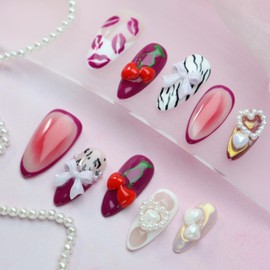 Almond Press on Nails Handmade Medium Long/Stiletto 3D Flower Fake Nail with Designs, Women Reusable False Nails (Heart Cherry Lips, S)