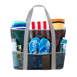 SoHo Collection, Mesh Beach Bag – Toy Tote Bag – Large Lightweight Market, Grocery & Picnic Tote with Oversized Pockets (Black and Gray)