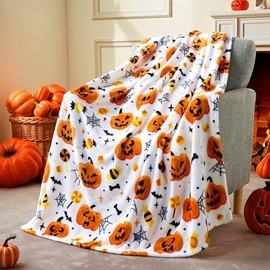 Joiedomi - Manta de Halloween - Manta de felpa suave con telarañas de murciélago y calabaza, acogedora franela blanca para decoración de Halloween, pa