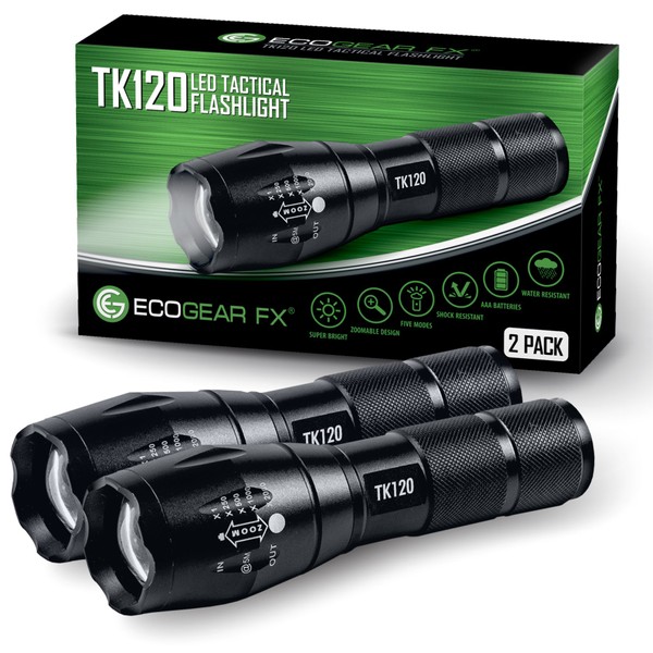 EcoGear FX LED Tactical Flashlight - TK120 High Lumens Flashlight with 5 Light Modes, Water Resistant, Zoomable - Great for Camping, Emergency, Everyday Flashlights - Unique Gifts for Men [2 Pack]