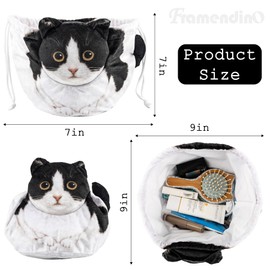 Framendino, Cat Shaped Drawstring Makeup Bag Cute Tuxedo Kitten Cosmetic Bag Funny Kitty Pouch for Women Pet Lovers