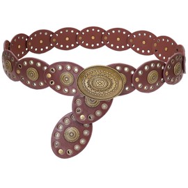 Wovanoo Wide Disc Belt for Women Oval Leather Concho Belt Western Waist Belts for Dress Brown Gold 115cm