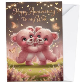 Happy Anniversary to My Wife Greeting Card, A5 Size, Pink Teddy Bears Design, Romantic Anniversary Card with Gold Hearts