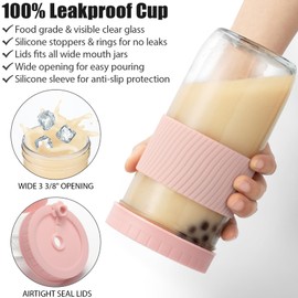 Reusable Glass Mason Jars Cups with Lids and Straws Silicone Sleeves, 2 Pack 24Oz Wide Mouth Smoothie Cups Glass Bubble Tea Cup Leakproof drinking glasses Travel Tumbler for Large Pearl Birthday Gifts