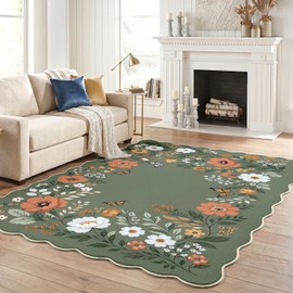 Washable Scalloped Area Rug, Green Floral, 5'x7'