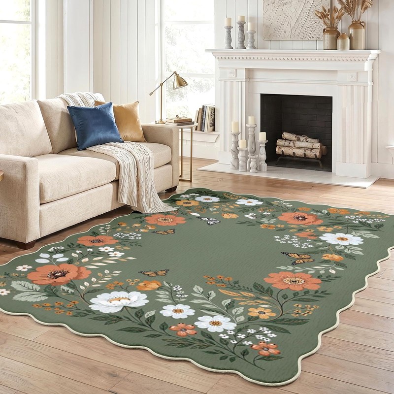Washable Scalloped Area Rug, Green Floral, 5'x7'