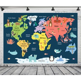 Loccor 7x5ft Fabric Animal World Map Backdrop Map of The World Cute Animals Colorful Background Kids Nursery Educational Classroom Poster Cartoon Tapestry Birthday Party Decor Online Teaching Props