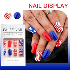 24-piece press-on false nails set, Short glossy American Independence Day five-pointed star blue red stripe false nails, wipe strip, Jelly glue, and 24 Fake Nails (16)