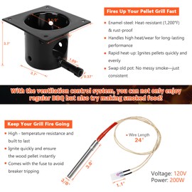 Upgraded Fire Burn Pot and Hot Rod Ignitor Kit Replacement Parts for Traeger, Pit Boss & Camp Chef Pellet Grill Smoker, Durable Fire Burner Pot with Ash Remover, Screws & Fuse, Enamel Fire Pot