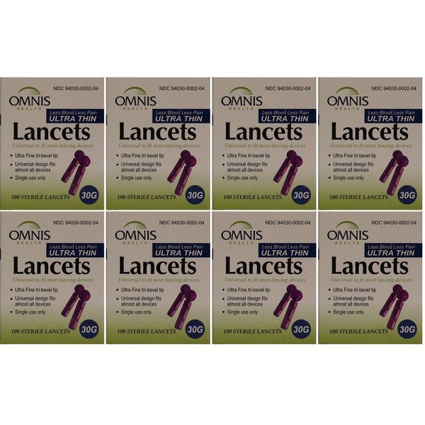 Omnis Ultra Thin Universal Fit Sterile Lancets 30 Gauge 100 Lancets per Box PACK of 8 Total 800 Lancets
