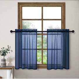 Farmhouse Kitchen Curtains 30 Inch Length for Small Windows Set 2 Panel Linen Look Light Filtering Semi Sheer Cafe Tier Sink Curtain for Half Window Teen Boys Bedroom Nursery Room 30x30 Long Navy Blue