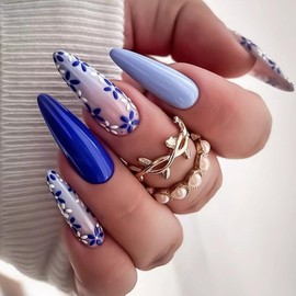 MISUD Summer Press on Nails Long Stiletto Fake Nails Glossy Glue on Nails Blue Acrylic Nail Supplies Almond Artificial Nail Art Flower Stick on False Nails with Design DIY 24 pcs