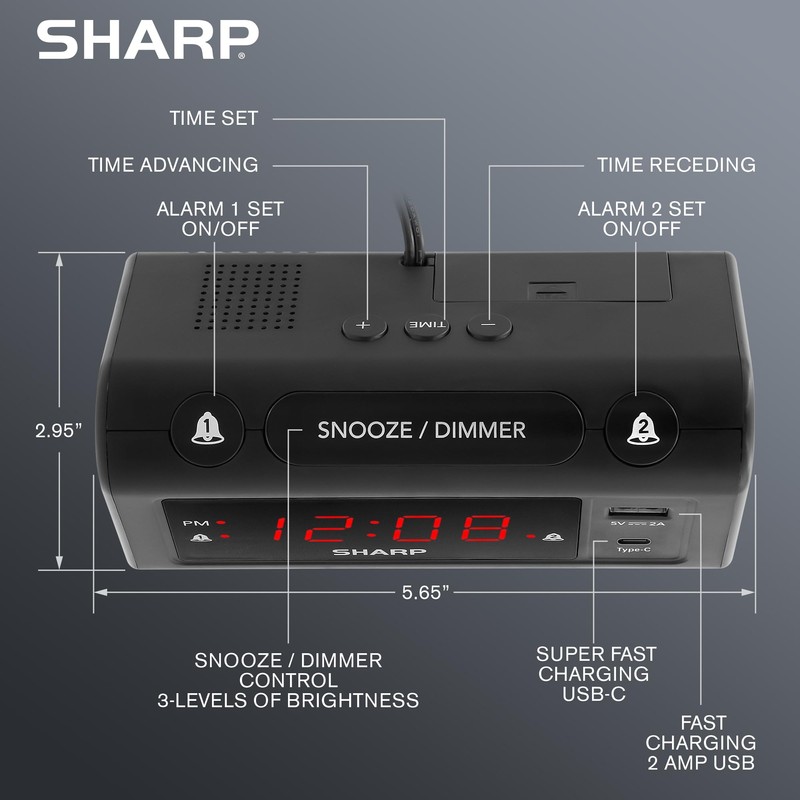 SHARP Alarm Clock for Bedrooms, Super Fast USB-C Charging and