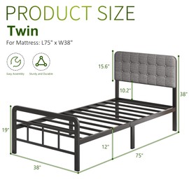 Lutown-Teen 12 Inch Twin Bed Frames with Upholstered Headboard and Metal Footboard, No Box Spring Needed, Heavy Duty Twin Metal Mattress Foundation, Noise Free, Easy Assembly