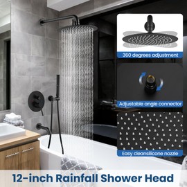 Airuida Shower System Set Matte Black 12 Inches Round Shower Head with 2 Functions Handheld Shower Wall Mount 3 Function Tub Spout Tub Shower Combo Set Complete Fixtures