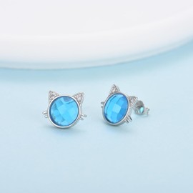 Silver Stud Earrings for Women Girls, S925 Sterling Silver Cute Cat Ear Birthstone Stud Earrings | Lovely Aquamarine Crystal CZ Cubic Zirconia Studs Jewellery Gift for Pet Lovers Teens Kids