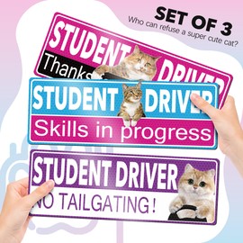 3 Pcs Funny Cat Student Driver Magnet for Car, HOLENGS Removable Reflective Cute Cat Student Driver Magnet for Car Bumper, Reusable Magnetic Bumper Sticker Set for Novice Rookie Safety Sign10 x 3.5 in