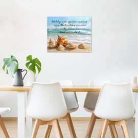 HVEST Ocean Beach Seashell Wall Art Coastal Beach Seashell with Inspirational Quotes Canvas Wall Art, Nature Wall Art for Living Room Bathroom Bedroom Office Decor Ready to Hang, 12Lx16W Inches, Blue