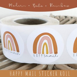 Happy Mail Stickers | Boho Rainbow Small Business Stickers | Cute Packaging for Small Business | 1 Roll with 500 - Round Envelope Seals | Small Business Packaging Supplies | Boho Rainbow Party