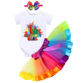 FYMNSI Baby Girls' Birthday Outfit Rainbow Tutu Skirt Short Sleeve Romper Headband 3-Piece Clothing Set, Rainbow - 1st Birthday Girl