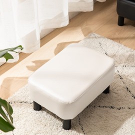 IBUYKE 16.54" Small Footstool, PU Faux Leather Step Stool, with Padded Seat Pine Wood Legs and Padded Rectangular Stool,for Bedroom, White RF-BD212-W