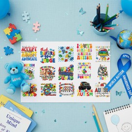 AFRITEE UV DTF Cup Wraps - 30 Sheets Autism Awareness UV DTF Cup Wrap for 16 oz Glass, Boho Colorful Puzzle Cute Animals Transfer Stickers for DIY Water Bottle Tumbler Journal Crafts Gift
