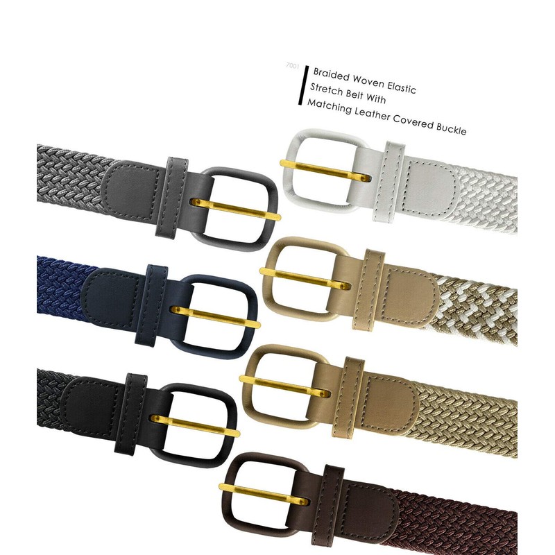 Belts.com Leather Covered Buckle Woven Elastic Stretch Belt, Navy, (L(37"-39")