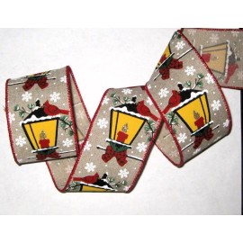 AMPELCO 5 Yds. HOLIDAY CHRISTMAS LANTERN TAN RED GREEN WIRED CANVAS BURLAP RIBBON rb