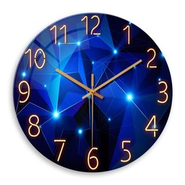 Constantplanet Blue Wall Clock Battery Operated - 14 Inch Modern Wall Clock Non Ticking - Glass Clock for Bedroom Living Room Office Kitchen Dining Room